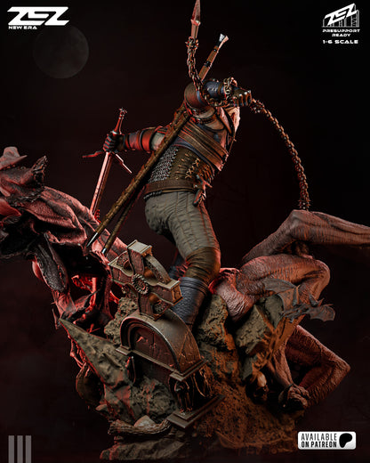 White Haired Monster Hunter Figure – Collectible Fantasy Statue – Fanart