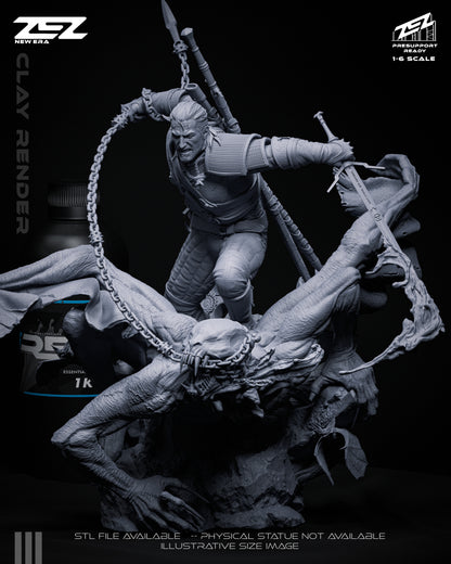 White Haired Monster Hunter Figure – Collectible Fantasy Statue – Fanart